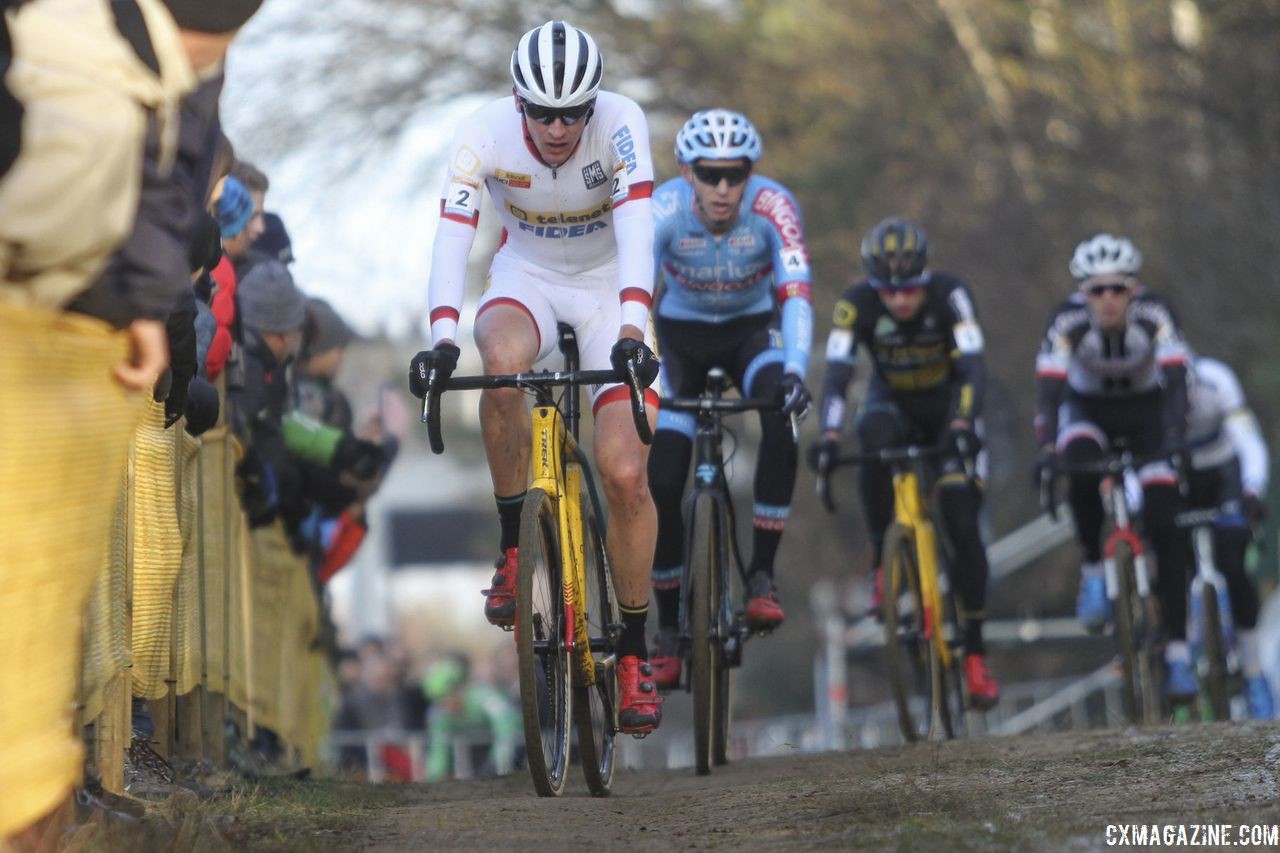 Toon Aerts leads the early chase behind Van Aert and Hermans. 2018 World Cup Heusden-Zolder. © B. Hazen / Cyclocross Magazine