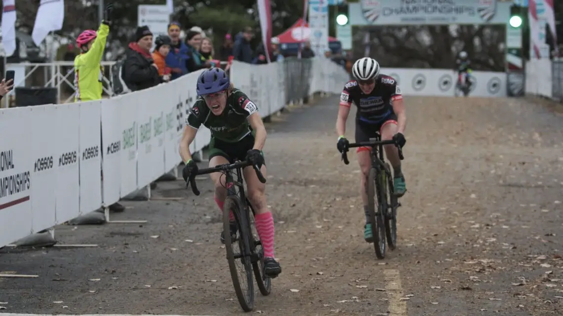 Holly LaVesser beat Suzanne Snyder in a sprint. Masters Women 35-39. 2018 Cyclocross National Championships, Louisville, KY. © A. Yee / Cyclocross Magazine