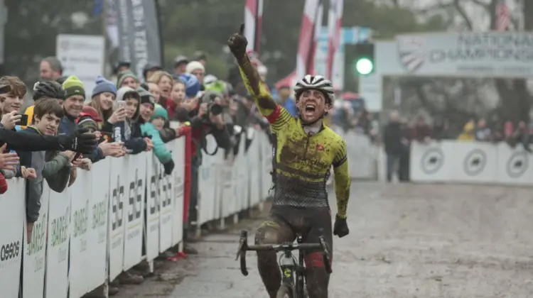 Alex Morton ran away in the third lap to win the Junior Men title. Junior Men 17-18. 2018 Cyclocross National Championships, Louisville, KY. © A. Yee / Cyclocross Magazine