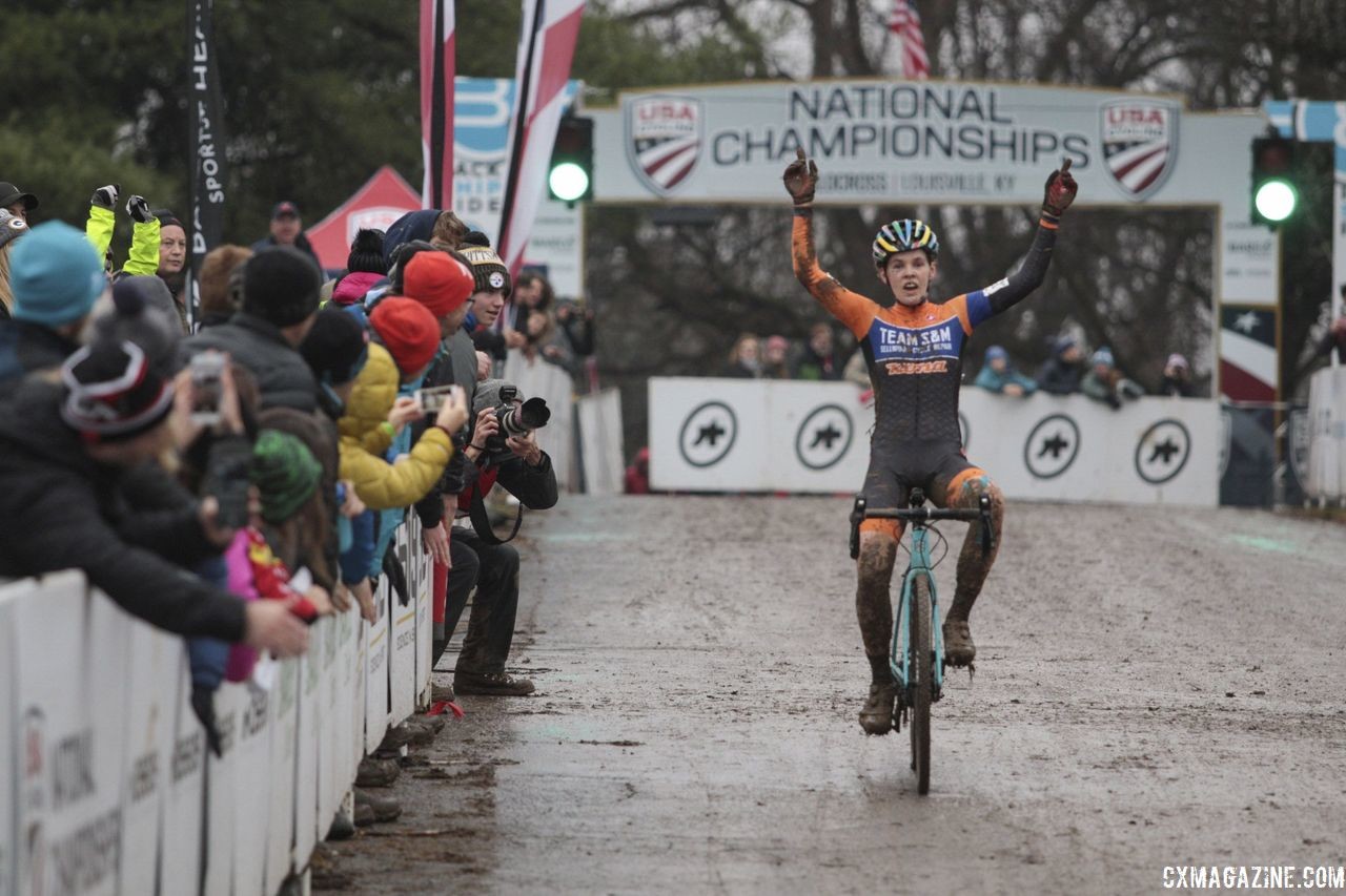 Clara Honsinger dominated en route to a win in the U23 race on Sunday. U23/Junior Women. 2018 Cyclocross National Championships, Louisville, KY. © A. Yee / Cyclocross Magazine
