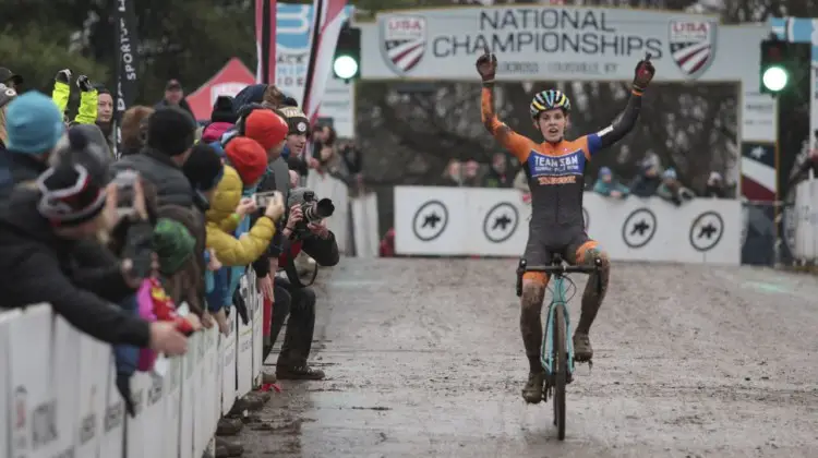 Clara Honsinger dominated en route to a win in the U23 race on Sunday. U23/Junior Women. 2018 Cyclocross National Championships, Louisville, KY. © A. Yee / Cyclocross Magazine