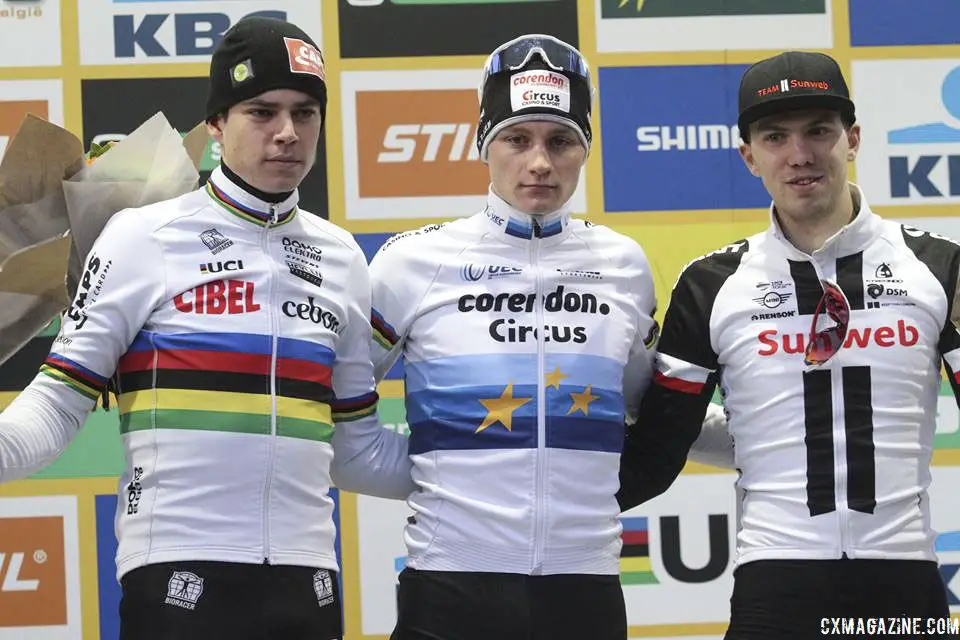 Elite Men's podium: Mathieu van der Poel, Wout van Aert and Joris Nieuwenhuis. 2018 World Cup Heusden-Zolder. © B. Hazen / Cyclocross Magazine