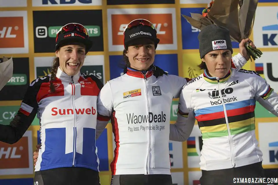 Elite Women's podium: Marianne Vos, Lucinda Brand and Sanne Cant. 2018 World Cup Heusden-Zolder. © B. Hazen / Cyclocross Magazine