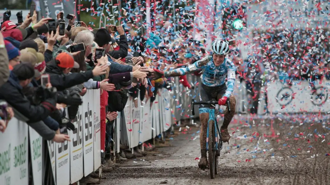 Katie Compton gets the confetti treatment for her 15th-straight national championship. Elite Women. 2018 Cyclocross National Championships, Louisville, KY. © A. Yee / Cyclocross Magazine