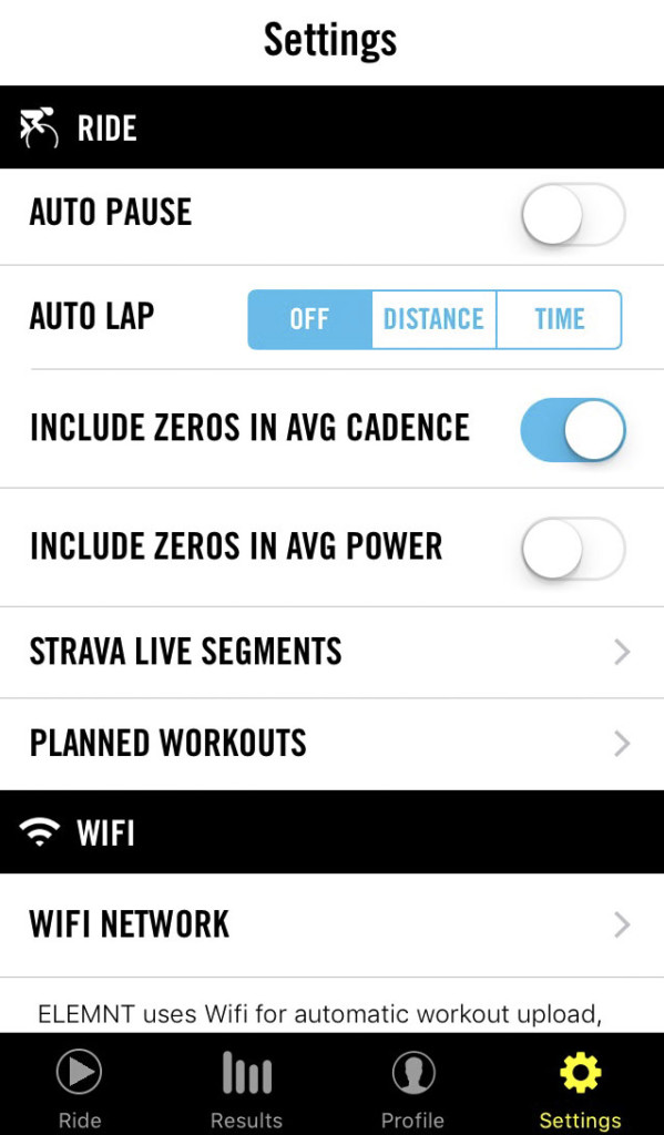 The Elemnt app allows you to control several training options for the Elemnt unit. 