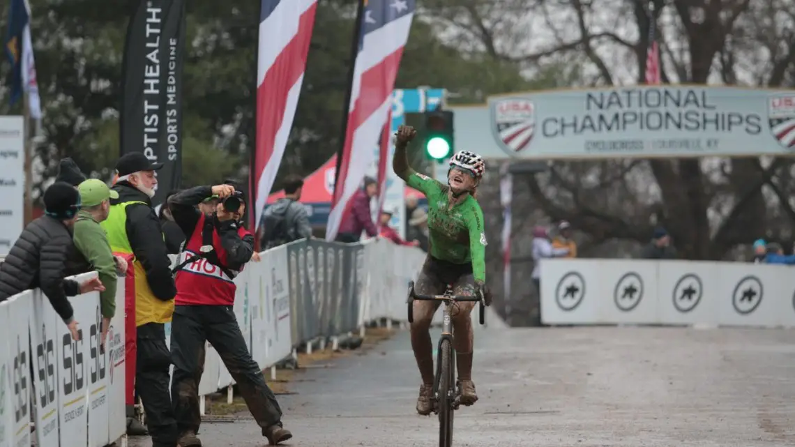 Lauren Zoerner celebrates her comeaback win in the Junior Women 15-16 race .Junior Women 15-16. 2018 Cyclocross National Championships, Louisville, KY. © A. Yee / Cyclocross Magazine