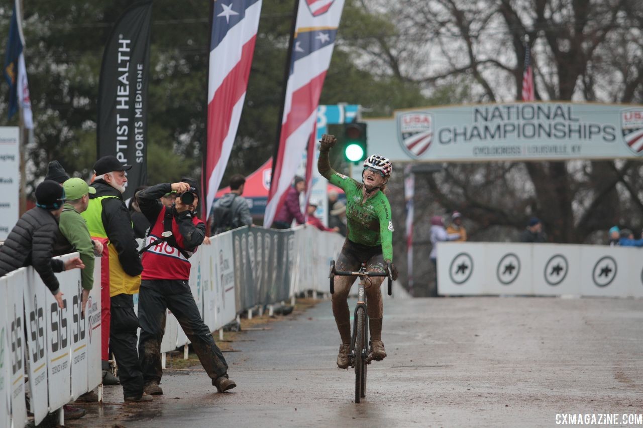 Lauren Zoerner celebrates her comeaback win in the Junior Women 15-16 race .Junior Women 15-16. 2018 Cyclocross National Championships, Louisville, KY. © A. Yee / Cyclocross Magazine