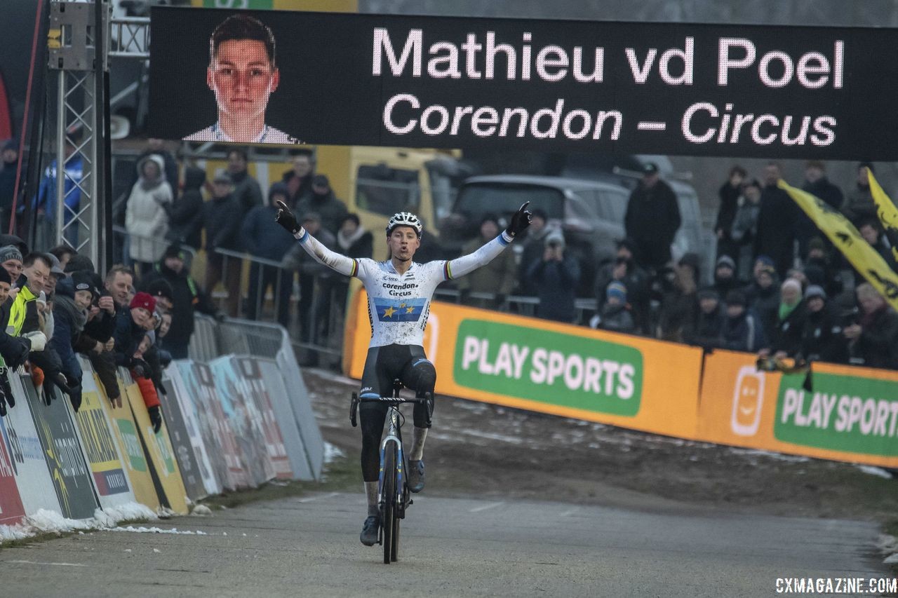 Mathieu van der Poel, here at Zonhoven, won his sixth Superprestige of the season at Diegem. 2018 Superprestige Zonhoven. © B. Hazen / Cyclocross Magazine