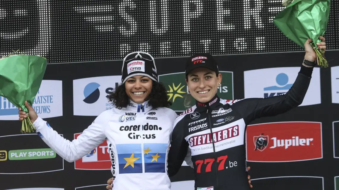 Ceylin del Carmen Alvarado leads the U23 overall, Alice Maria Arzuffi the Elite. 2018 Superprestige Zonhoven. © B. Hazen / Cyclocross Magazine