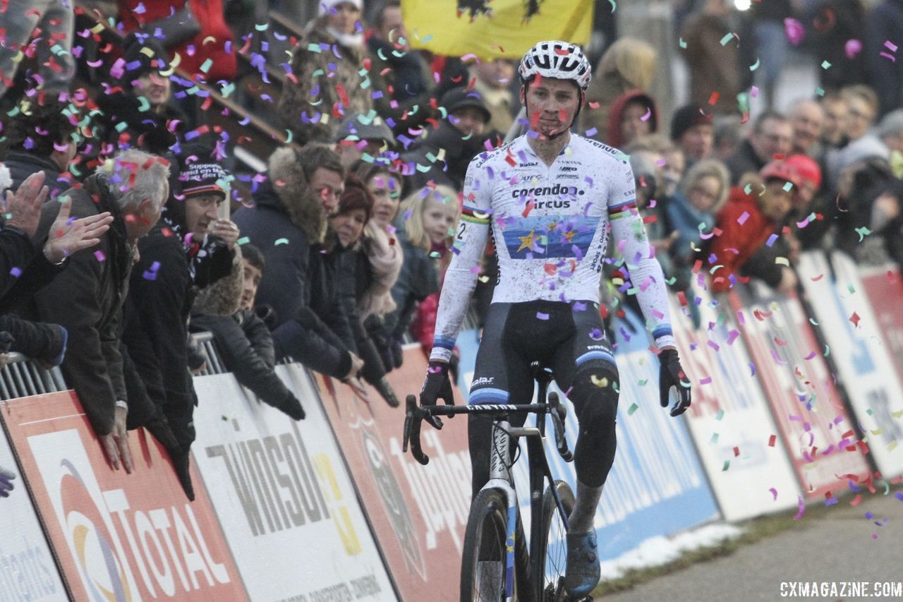 Another race, another confetti shower for Mathieu van der Poel. 2018 Superprestige Zonhoven. © B. Hazen / Cyclocross Magazine