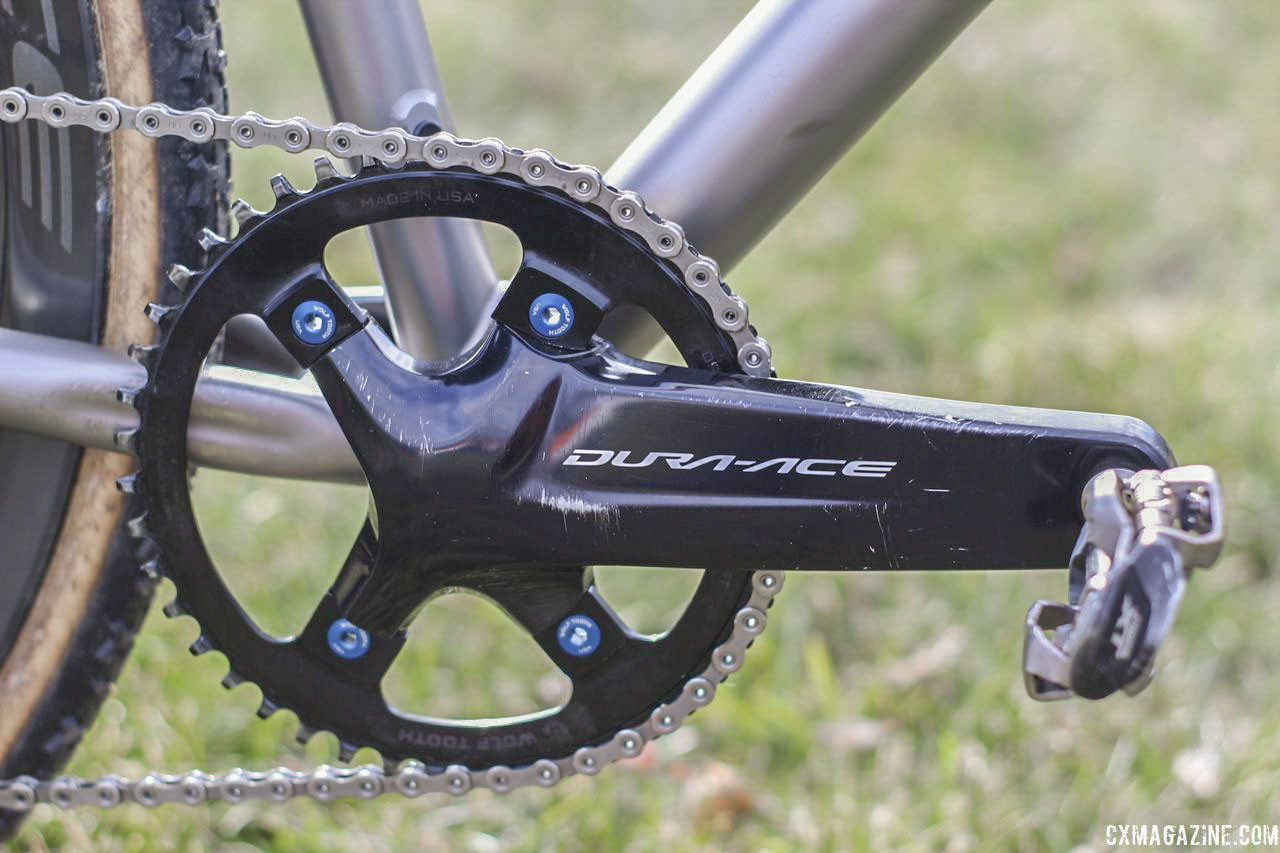 Selander mounted a 44t Wofl Tooth chain ring to his Dura-Ace R9100 crankset. Bjorn Selander's Bingham Built Titanium Cyclocross Bike. © Z. Schuster / Cyclocross Magazine