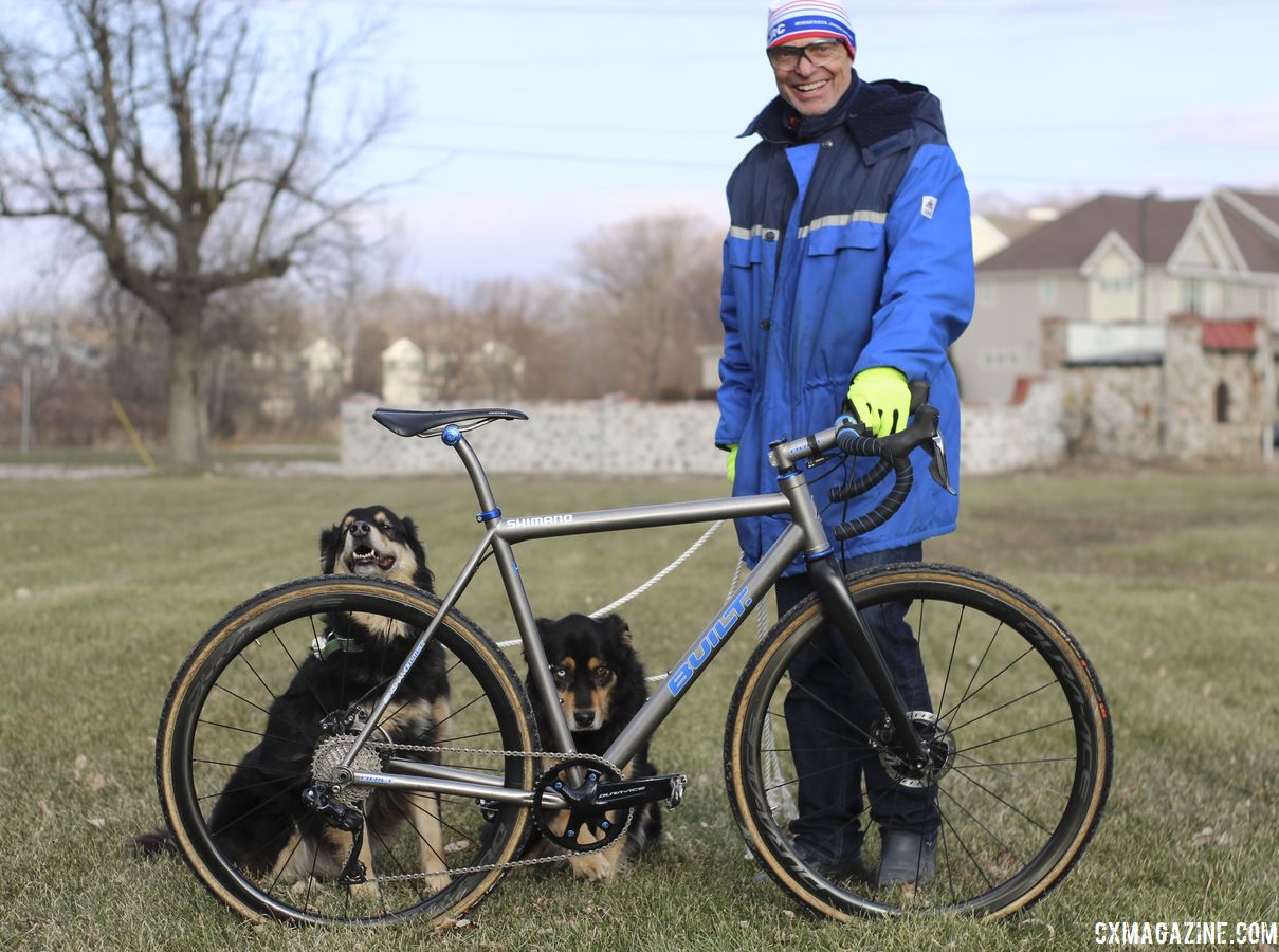 Dag Selander poses with the author's two dogs. Bjorn Selander's Bingham Built Titanium Cyclocross Bike. © Z. Schuster / Cyclocross Magazine