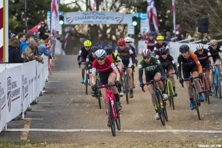 Cara Oneill led off the pavement, but Rossi was close behind. Collegiate Club Women. 2018 Cyclocross National Championships, Louisville, KY. © A. Yee / Cyclocross Magazine