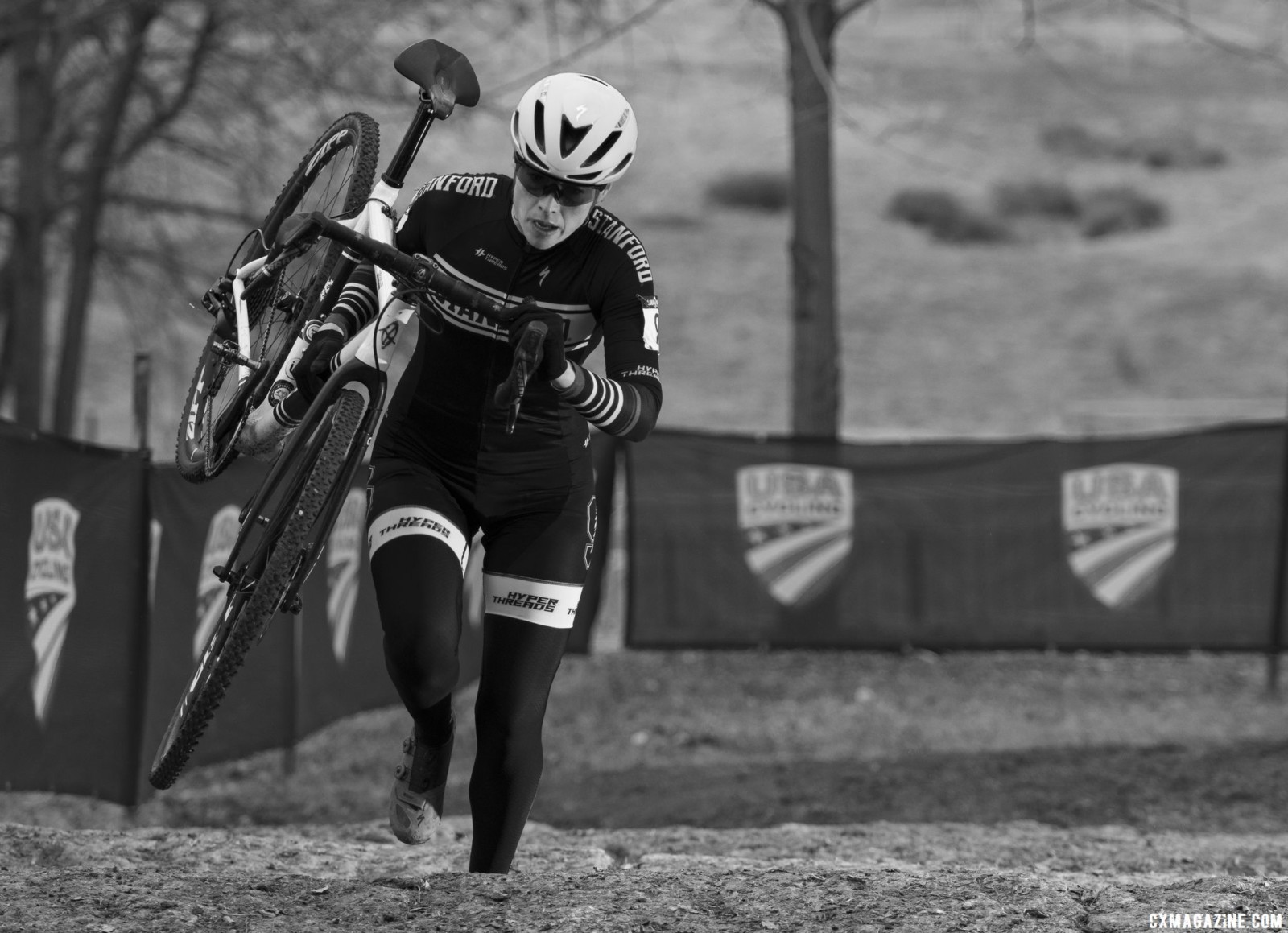 Joy Franco takes the steps at speed. She would finish a lap off the leader. Collegiate Club Women. 2018 Cyclocross National Championships, Louisville, KY. © A. Yee / Cyclocross Magazine