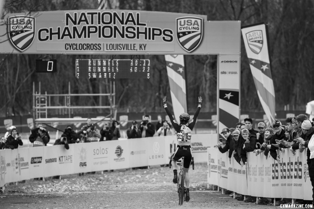 After finishin second last year, Runnels came to Louisville to win. Collegiate Varsity Women. 2018 Cyclocross National Championships, Louisville, KY. © A. Yee / Cyclocross Magazine