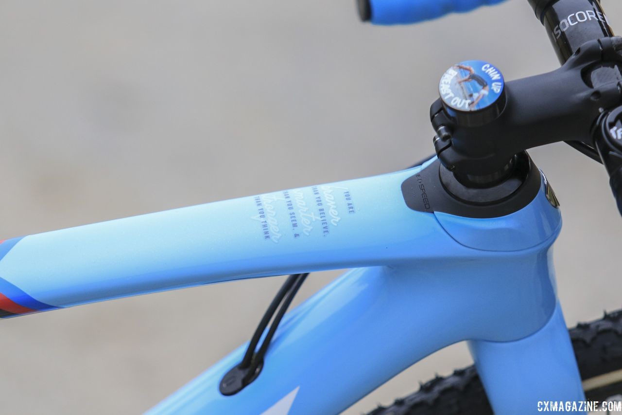 Richards' bike has a motivational message on the top tube. Evie Richards' 2018 Trek Boone Cyclocross Bike. © D. Mable / Cyclocross Magazine