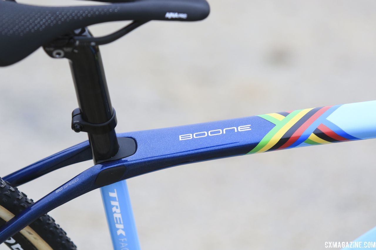 Richards' bike features the rear IsoSpeed decoupler and some well-earned rainbow stripes. Evie Richards' 2018 Trek Boone Cyclocross Bike. © D. Mable / Cyclocross Magazine