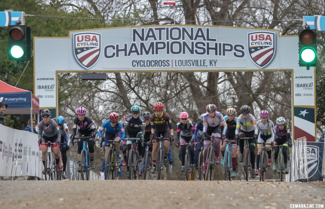 Baby Masters holeshot. Masters Women 30-34. 2018 Cyclocross National Championships, Louisville, KY. © A. Yee / Cyclocross Magazine