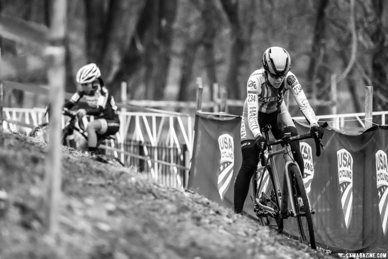 Valerie Hyrman goes low through the off-camber. Masters Women 30-34. 2018 Cyclocross National Championships, Louisville, KY. © A. Yee / Cyclocross Magazine