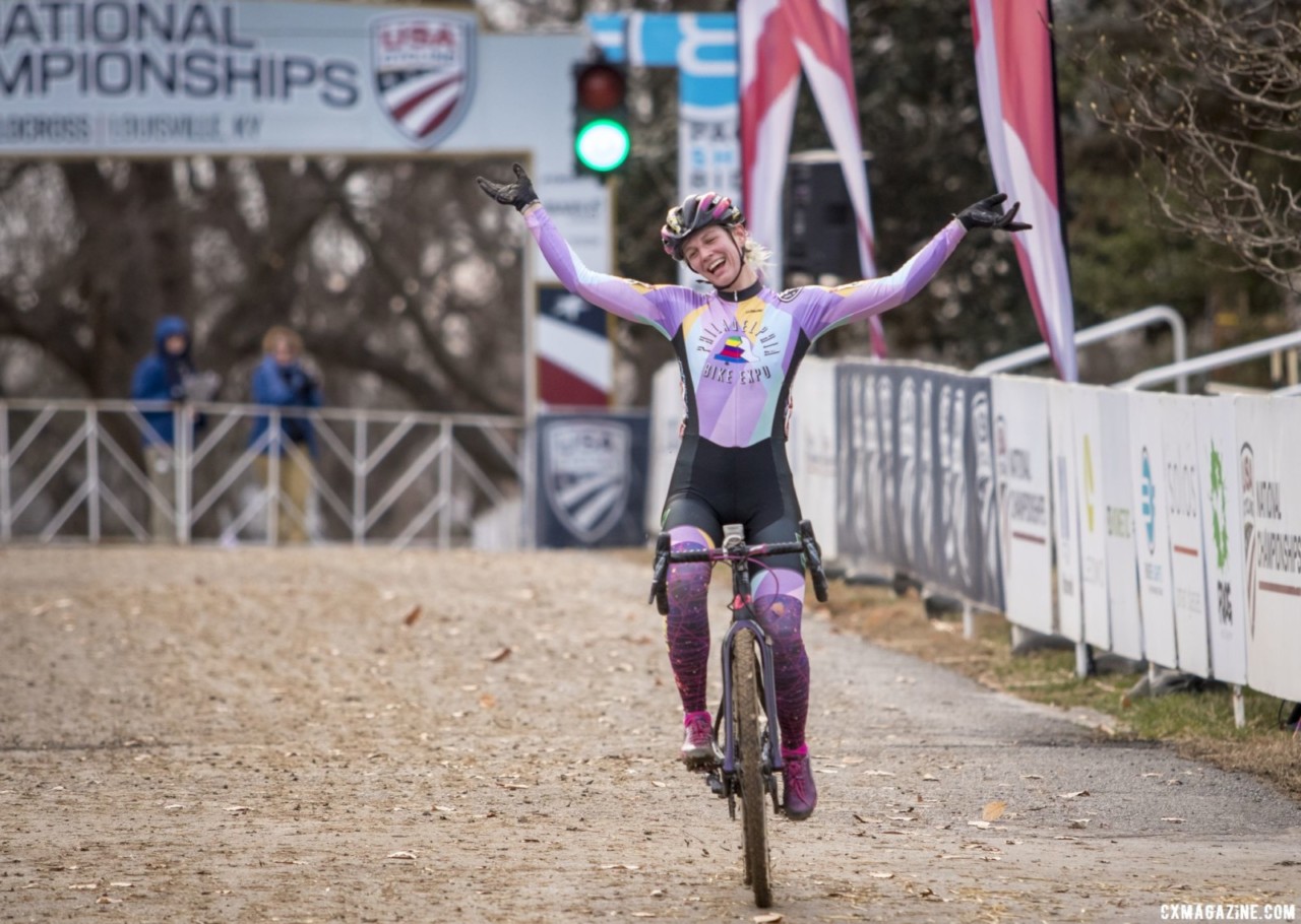 Taylor Kyuk-White celebrates her Baby Masters win. Masters Women 30-34. 2018 Cyclocross National Championships, Louisville, KY. © A. Yee / Cyclocross Magazine