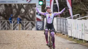 Taylor Kyuk-White celebrates her Baby Masters win. Masters Women 30-34. 2018 Cyclocross National Championships, Louisville, KY. © A. Yee / Cyclocross Magazine