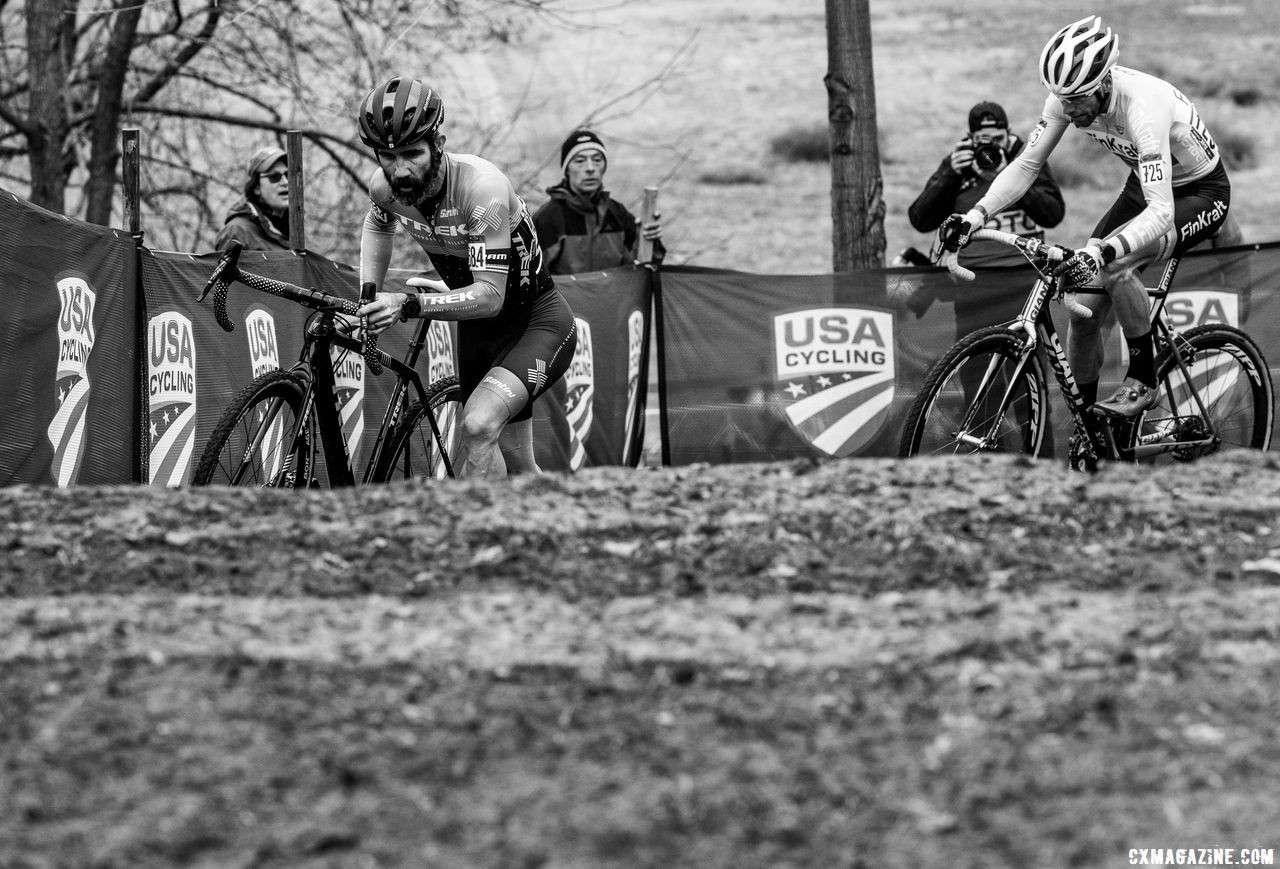 Tim Faia leads Roger Aspholm into the stone steps. He would finish 34 seconds behind the latter. Masters 50-54. 2018 Cyclocross National Championships, Louisville, KY. © A. Yee / Cyclocross Magazine