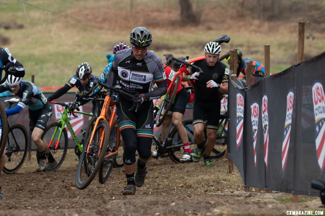 Most elected to run the stairs. The chicane before them created a choke point for traffic, however. Masters 50-54. 2018 Cyclocross National Championships, Louisville, KY. © A. Yee / Cyclocross Magazine