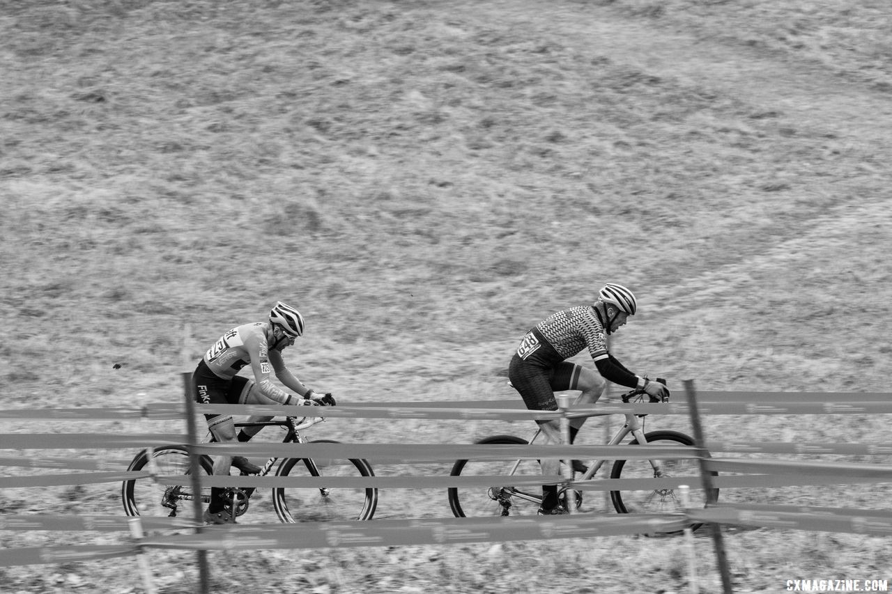 Myrah took the lead in the last lap to ride his pace on climbs. He would go on to win. Masters 50-54. 2018 Cyclocross National Championships, Louisville, KY. © A. Yee / Cyclocross Magazine