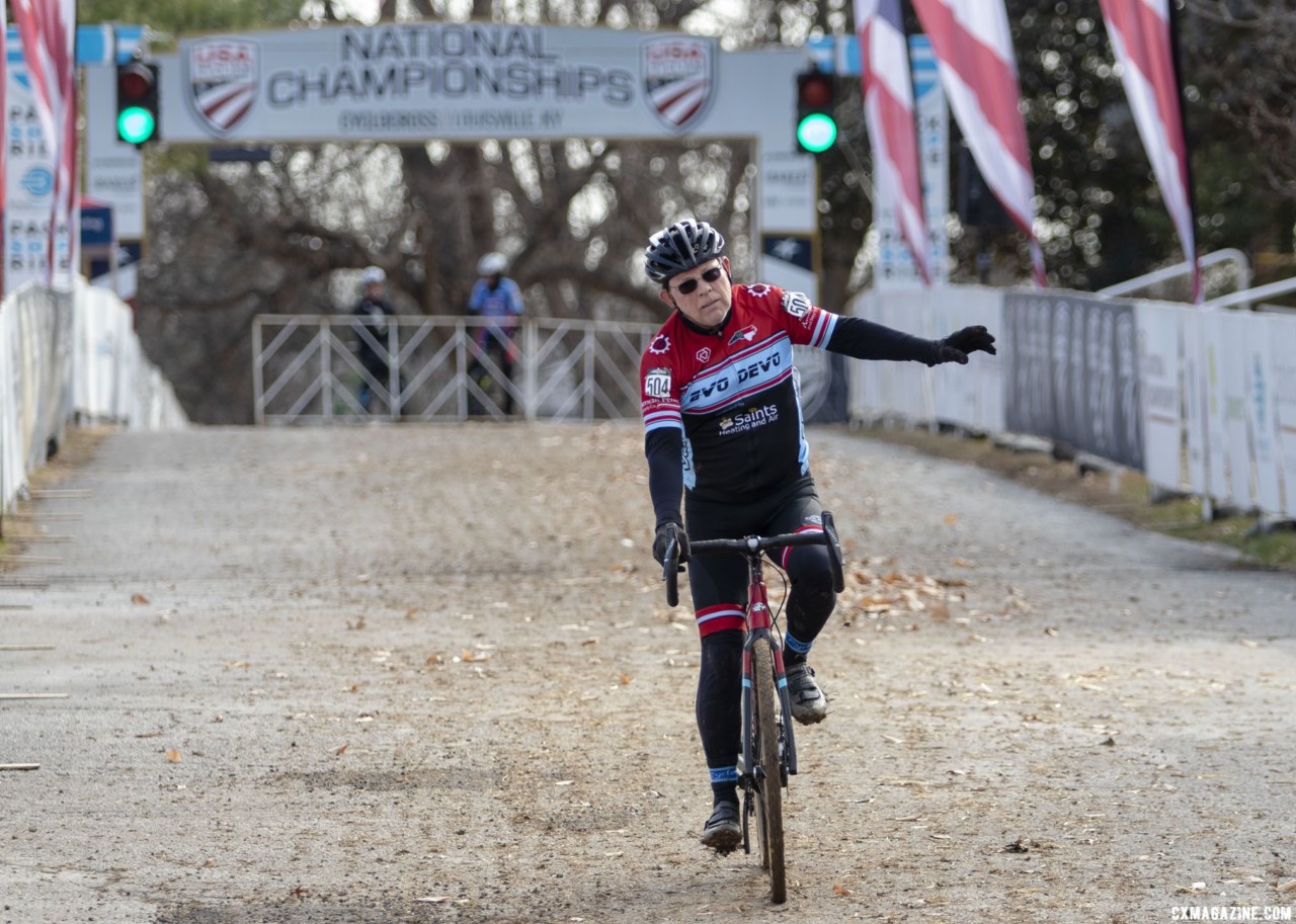 Pauls McKeithan celebrates his 75-79 win. Masters Men, 70+. 2018 Cyclocross National Championships, Louisville, KY. © A. Yee / Cyclocross Magazine