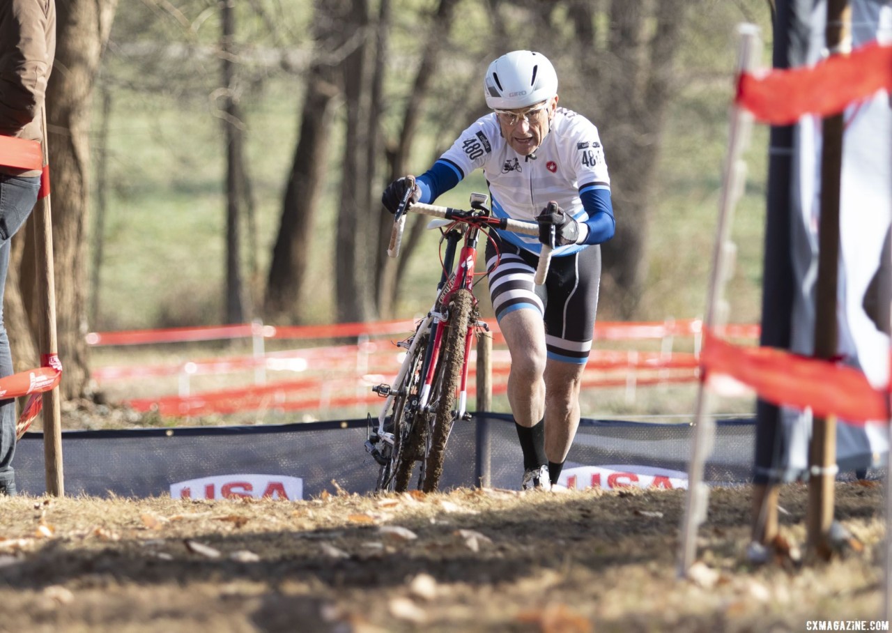 John Ruger pushes through. Masters Men, 70+. 2018 Cyclocross National Championships, Louisville, KY. © A. Yee / Cyclocross Magazine