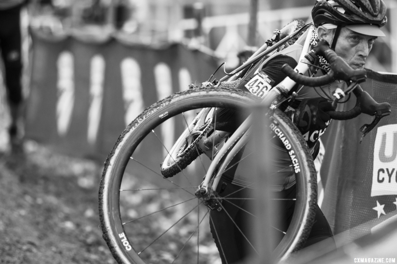 Richard Sachs shoulders one of the bikes he built for himself. Masters Men 65-69. 2018 Cyclocross National Championships, Louisville, KY. © A. Yee / Cyclocross Magazine