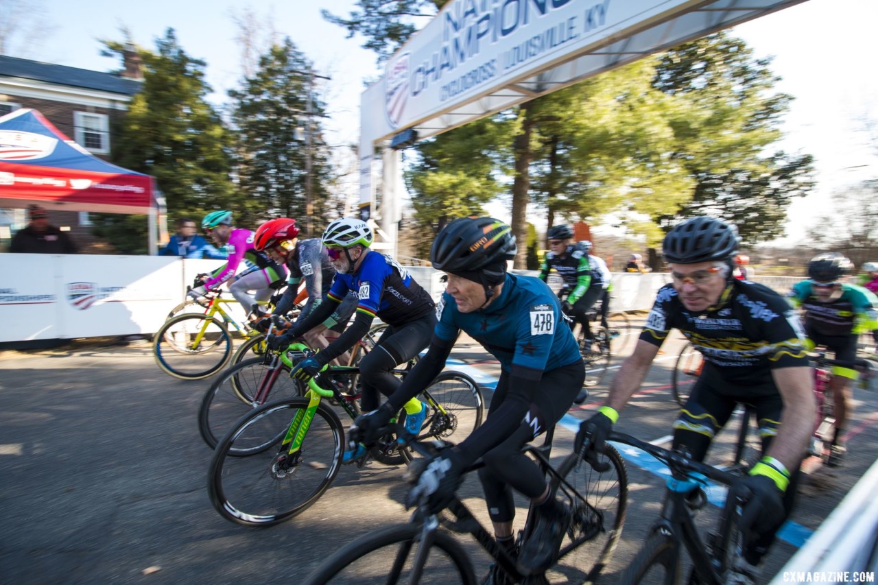 Masters Men 70+ start. Masters Men 70+. 2018 Cyclocross National Championships, Louisville, KY. © A. Yee / Cyclocross Magazine