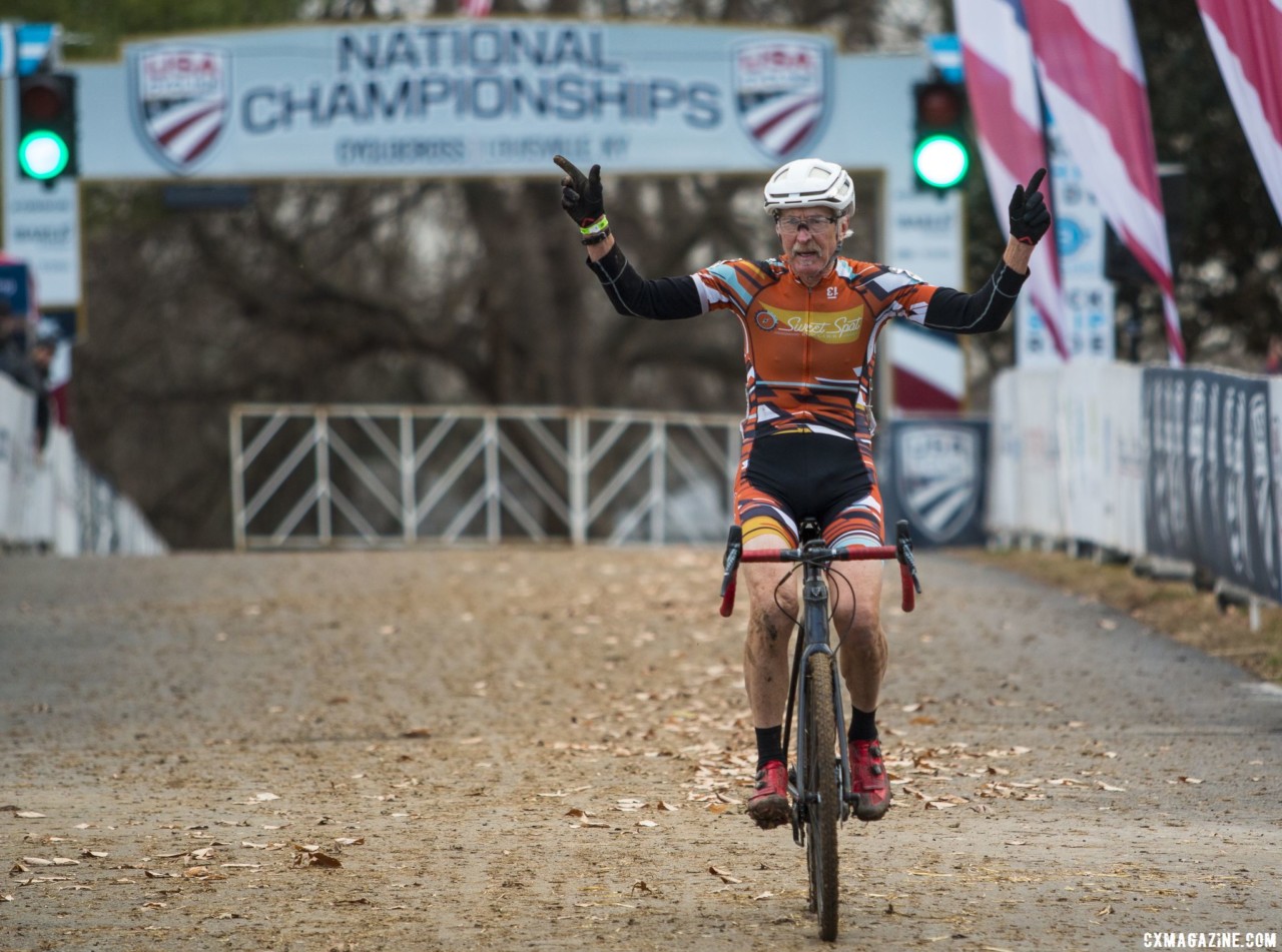 Fred Wittwer celebrates his win. Masters Men 65-69. 2018 Cyclocross National Championships, Louisville, KY. © A. Yee / Cyclocross Magazine