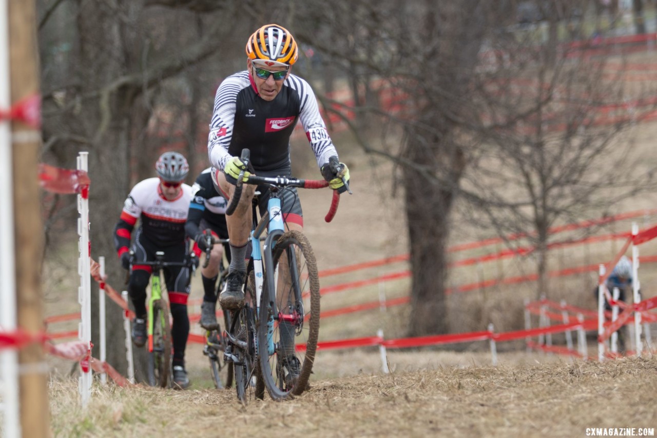 Lee Waldman rides up one of the hills. Masters Men 65-69. 2018 Cyclocross National Championships, Louisville, KY. © A. Yee / Cyclocross Magazine