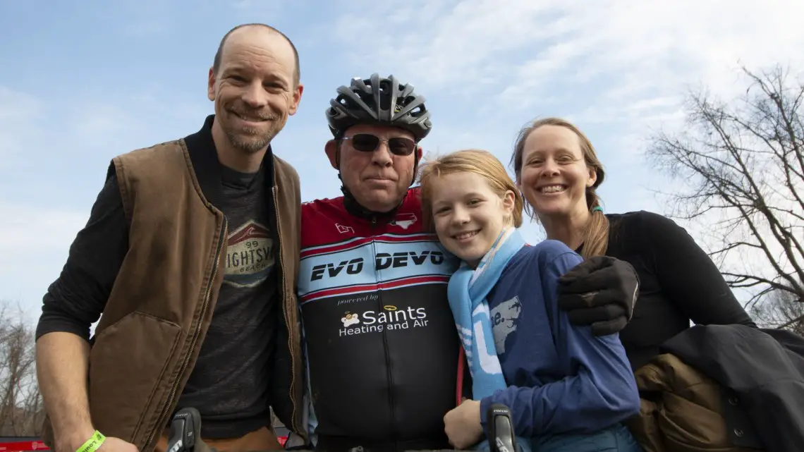 Paul McKeithan celebrates with his family. Masters Men 75-79. 2018 Cyclocross National Championships, Louisville, KY. © A. Yee / Cyclocross Magazine