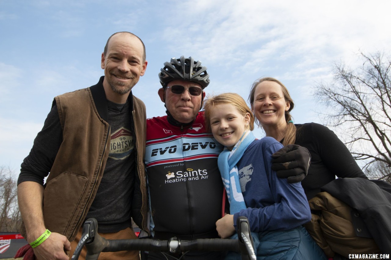 Paul McKeithan celebrates with his family. Masters Men 75-79. 2018 Cyclocross National Championships, Louisville, KY. © A. Yee / Cyclocross Magazine