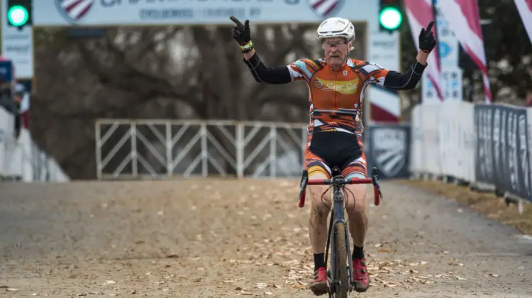 Fred Wittwer celebrates his win. Masters Men 65-69. 2018 Cyclocross National Championships, Louisville, KY. © A. Yee / Cyclocross Magazine