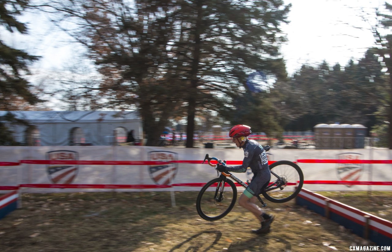 John Elgart hits the barriers. Masters Men 65-69. 2018 Cyclocross National Championships, Louisville, KY. © A. Yee / Cyclocross Magazine