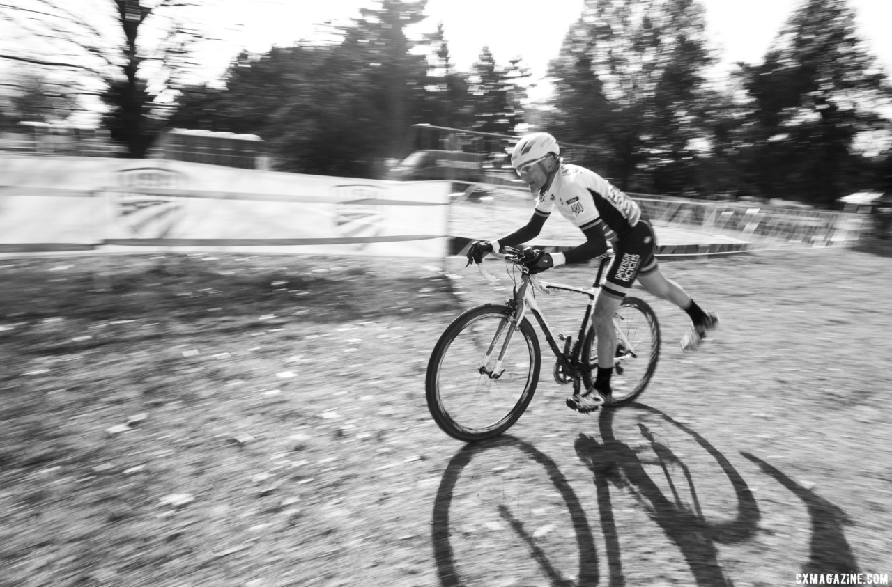 John Ruger dismounts at the barriers. Masters Men 65-69. 2018 Cyclocross National Championships, Louisville, KY. © A. Yee / Cyclocross Magazine