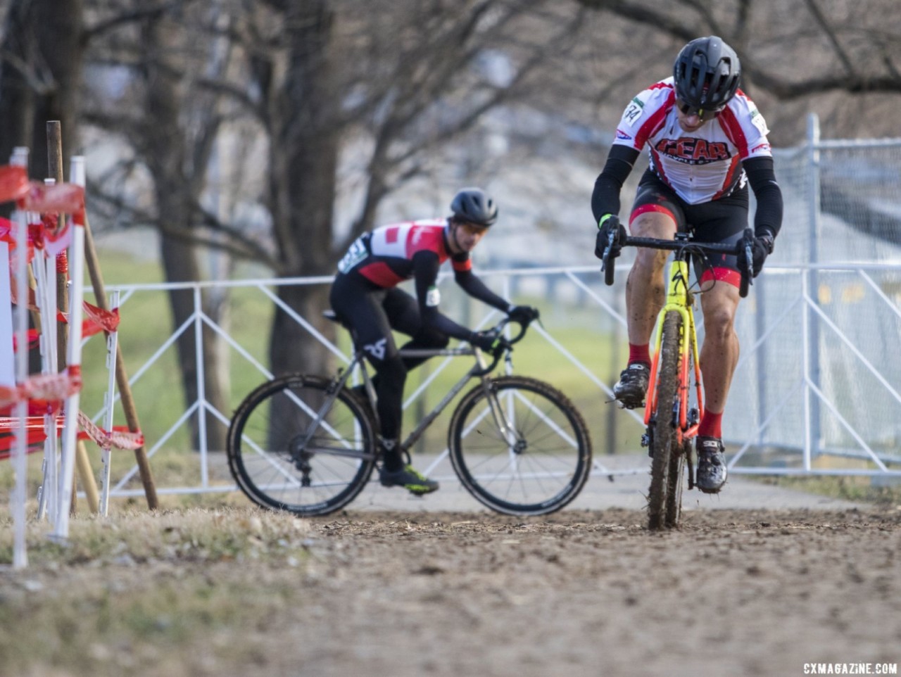 Mullins led Chabanov early in the race. Masters Men 30-34. 2018 Cyclocross National Championships, Louisville, KY. © A. Yee / Cyclocross Magazine