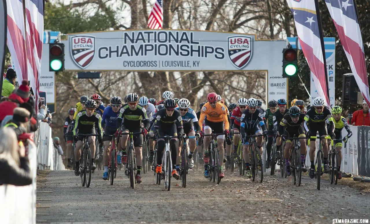 The largest field of the day sprints off. Masters Men 60-64. 2018 Cyclocross National Championships, Louisville, KY. © A. Yee / Cyclocross Magazine