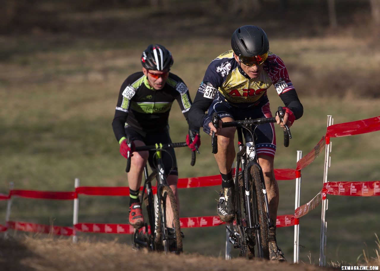 Trojan and Callahan chasing Kenealy. Masters Men 60-64. 2018 Cyclocross National Championships, Louisville, KY. © A. Yee / Cyclocross Magazine