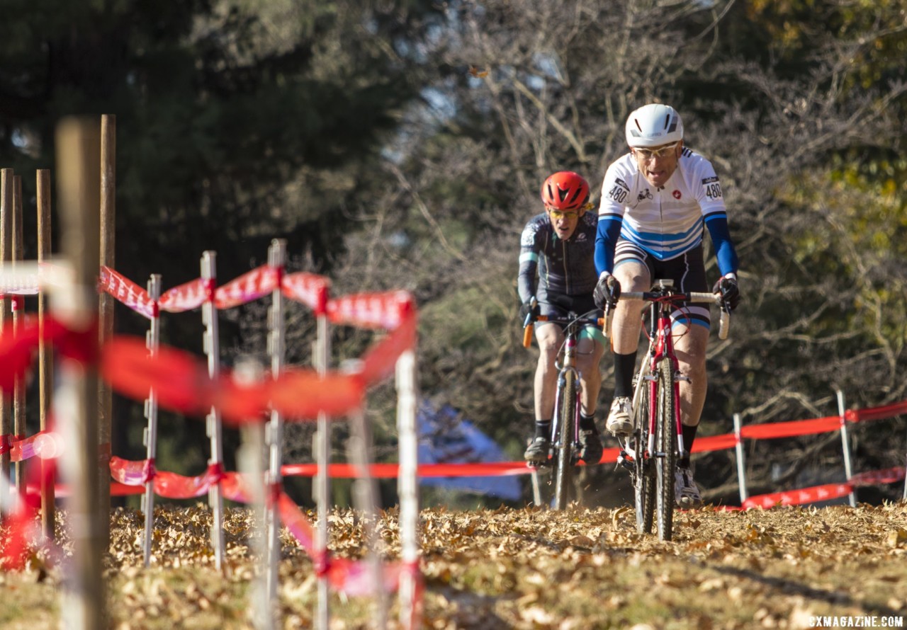 John Ruger leads John Elgart. Masters Men 70+. 2018 Cyclocross National Championships, Louisville, KY. © A. Yee / Cyclocross Magazine