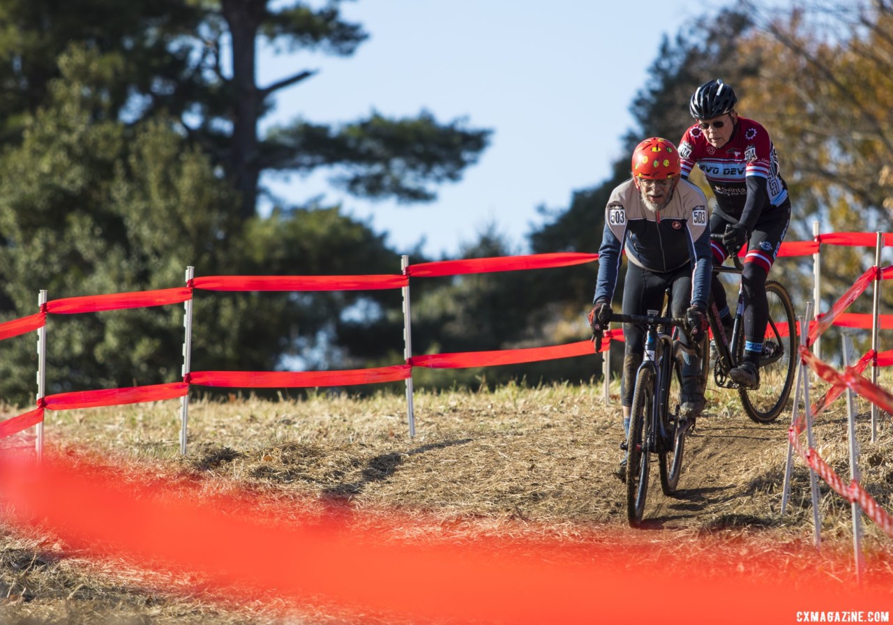 Loren Russel leads through a corner. Masters Men 70+. 2018 Cyclocross National Championships, Louisville, KY. © A. Yee / Cyclocross Magazine