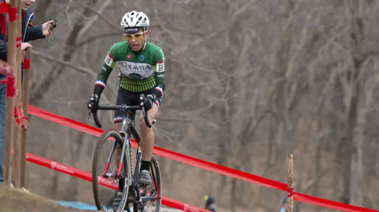 High or low? The off camber before the stone steps had two lines, Barbossa elected to go high. Masters Women 50-54. 2018 Cyclocross National Championships, Louisville, KY. © A. Yee / Cyclocross Magazine