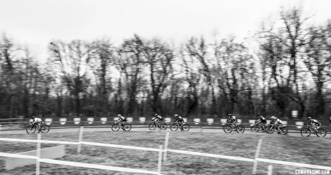 The Masters 55-59 women string out at the start. Masters Women 55-59. 2018 Cyclocross National Championships, Louisville, KY. © A. Yee / Cyclocross Magazine