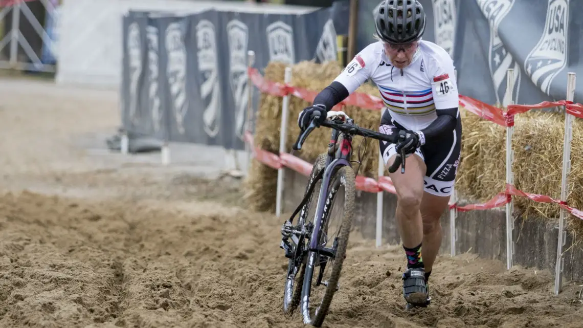 Laura Van Gilder pushes her bike through the sand. Masters Women 55-59. 2018 Cyclocross National Championships, Louisville, KY. © A. Yee / Cyclocross Magazine