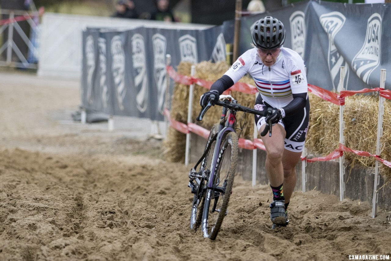 Rainbow stripes put a little extra pressure on Laura Van Gilder at Masters Nationals. Masters Women 55-59. 2018 Cyclocross National Championships, Louisville, KY. © A. Yee / Cyclocross Magazine