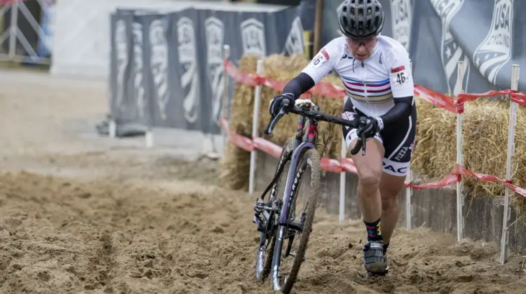 Laura Van Gilder pushes her bike through the sand. Masters Women 55-59. 2018 Cyclocross National Championships, Louisville, KY. © A. Yee / Cyclocross Magazine