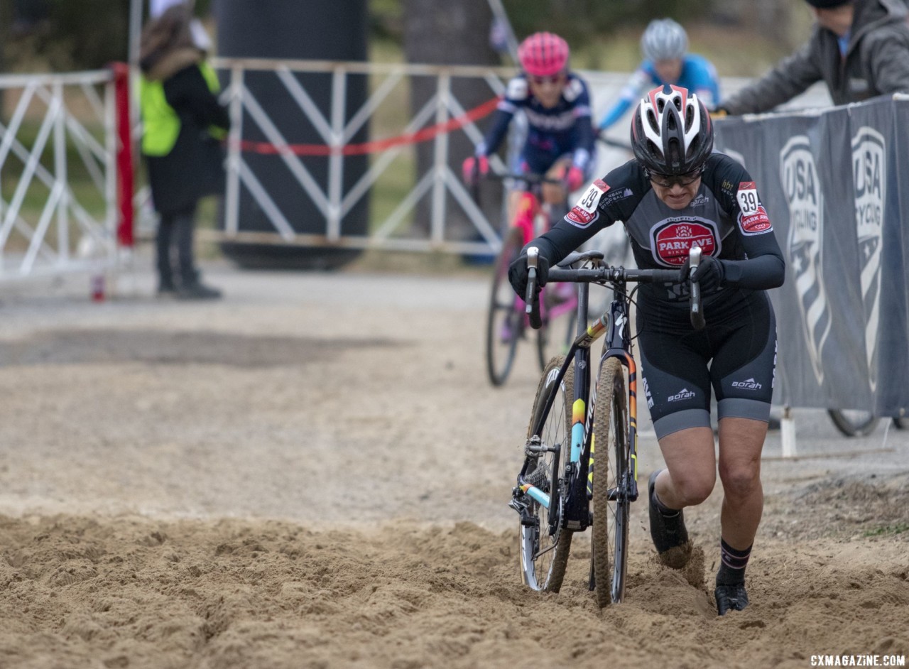 Marit Sheffield pushes through the sand. Masters Women 55-59. 2018 Cyclocross National Championships, Louisville, KY. © A. Yee / Cyclocross Magazine